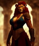 anthro athletic athletic_anthro athletic_female breasts cleavage clothed clothing felid female green_eyes hybrid leopard leopard_spots lion looking_at_viewer mammal pantherine solo spots tahlia_(director)