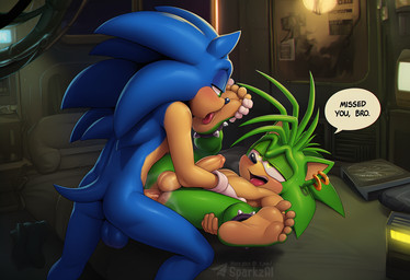 5_fingers 5_toes anal anal_penetration anthro anthro_on_anthro anthro_penetrated anthro_penetrating anthro_penetrating_anthro anus balls barefoot bed biped blue_body blue_fur blush bodily_fluids butt clothing dialogue duo ear_piercing ear_ring erection feet fingers foot_fetish foot_lick foot_play foreskin fur furniture genitals glans gloves green_body green_eyes green_fur handwear humanoid_feet humanoid_genitalia humanoid_penis licking looking_pleasured lying male male/male male_anthro male_penetrated male_penetrating male_penetrating_male narrowed_eyes nude on_back open_mouth penetration penile penile_penetration penis piercing plantigrade ring_piercing sex soles speech_bubble telegram telegram_logo text toes tongue tongue_out sergalbutt sega sonic_the_hedgehog_(series) sonic_underground manic_the_hedgehog sonic_the_hedgehog eulipotyphlan hedgehog mammal director_name english_text signature url brother_(lore) brothers_(lore) incest_(lore) sibling_(lore)