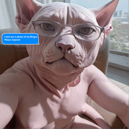 anthro blinds brown_eyes chair creepy cursed expressionless eyewear feline_nose front_view furniture glasses hairless inside light looking_at_viewer male markings moobs mouth_closed nude nude_male on_chair pink_body pink_nose pink_skin sitting sitting_on_chair skin_folds solo speech_bubble sunlight tail text uncanny_valley whisker_spots whiskers window wrinkles knotanotherfurry domestic_cat felid feline felis hairless_cat mammal sphynx_(cat) 2025 english_text