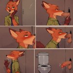 anthro bathroom blush bodily_fluids deep_throat fellatio genitals glory_hole hand_under_chin male neck_bulge oral penile penis public_restroom restroom_stall sex solo sweat sweaty_face toilet vein veiny_penis zootopia sysns nick_wilde canid canine fox mammal comic hi_res