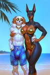 5_fingers abs anthro arm_around_shoulders athletic athletic_anthro athletic_male beach big_breasts big_bulge bikini bikini_bottom bikini_top black_body black_fur black_nose blue_eyes bottomwear breasts brown_body brown_fur bulge claws cleavage clothed clothing duo eyewear female finger_claws fingers floppy_ears fur genital_outline gold_(metal) gold_bikini gold_chain gold_jewelry hand_on_breast hand_on_chest hand_on_hip hand_on_shoulder husband_and_wife jewelry looking_at_viewer male male/female male_anthro married_couple multicolored_body multicolored_fur muscular muscular_male navel necklace outside palm_tree penis_outline plant sand sea seaside shorts sky smile standing sunglasses swimming_trunks swimwear topless topless_anthro topless_male tree two_tone_body two_tone_fur water white_body white_fur unknown_director bird_dog canid canine canis cocker_spaniel dobermann domestic_dog hunting_dog mammal pinscher spaniel hi_res