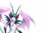 anthro breasts erect_nipples female fur green_body green_eyes hair humanoid looking_at_viewer membrane_(anatomy) membranous_wings nipples nymph purple_hair simple_background small_breasts solo unknown_director wings