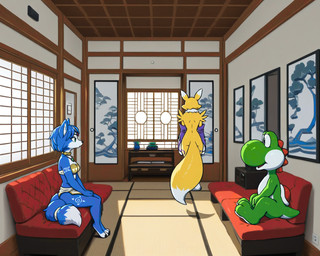 anthro clothing crossover detailed_background eye_contact female furniture group looking_at_another male markings on_sofa sitting sitting_on_sofa sofa tribal tribal_markings trio anonymous_director digimon nintendo star_fox krystal_(star_fox) canid canine digimon_(species) fox mammal renamon scalie yoshi