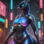 anthro black_body blue_eyes cyberpunk female hexagon metallic_body neon night outside solo standing cartuniverse synth_(vader-san) half-length_portrait hi_res portrait