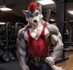 anthro askiewarg bedroom_eyes belt_buckle canid canine canis gym hatiwarg_fursona male mammal muscular muscular_male narrowed_eyes neck_tuft nipple_piercing nipple_ring nipples pecs piercing red_mohawk ring_piercing seductive solo tanktop tuft veiny_arm veiny_muscles wolf