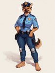 4_toes 5_fingers anthro badge barefoot belt belt_pouch big_breasts black_nose bottomwear breasts brown_body brown_fur claws clothed clothing countershading feet female fingers fully_clothed fur hat headgear headwear looking_at_viewer multicolored_body multicolored_fur necktie pants plantigrade police police_hat police_uniform red_eyes shadow shirt simple_background smile solo standing teeth thick_thighs toe_claws toes topwear tuft uniform white_background wide_hips anonymous_director officer_bella_(u.d) canid canine canis domestic_dog german_shepherd herding_dog mammal pastoral_dog hi_res