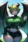 2_horns alternate_species animal_humanoid belly_button big_breasts blue_eyes bottomwear breasts calamityfox clothing dragon dragon_humanoid dragon_wings female green_hair grey_body hair hoodie horn humanoid looking_at_viewer seductive shorts solo standing topwear wide_hips zeta_xiaolong_(calamityfox)