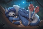 anthro bottomwear breasts butt clothing detailed_background female fur leaf loincloth narrowed_eyes night nintendo plant smile solo star_fox tree unknown_director krystal canid canine fox mammal hi_res