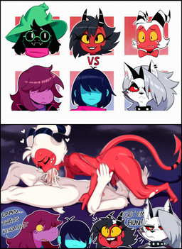 2_horns <3 anthro anthro_penetrated balls big_penis black_body black_fur blue_body blue_skin blush bodily_fluids butt clothed clothing collar cum cum_inside dialogue ear_piercing eyewear fellatio female freckles frown fur genital_fluids genitals glasses group hair hair_over_eyes hat headgear headwear horn human_on_anthro human_penetrating human_penetrating_anthro humanoid_genitalia humanoid_penis interspecies long_penis looking_pleasured male male/male male_penetrating nude open_mouth oral oral_penetration penetration penile penis piercing profanity red_body red_eyes saliva scarf sex sharp_teeth smile spiked_collar spikes sweat teeth text tongue vein white_body white_eyes white_fur yellow_sclera yellow_teeth hellsonger deltarune helluva_boss undertale_(series) kris_(deltarune) loona_(helluva_boss) millie_(helluva_boss) moxxie_(helluva_boss) ralsei susie_(deltarune) bovid canid canid_demon caprine demon goat hellhound human humanoid imp mammal reptile scalie english_text hi_res meme