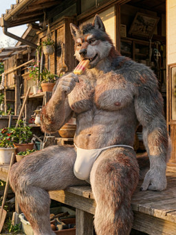 anthro building clothed clothing flower food fur garden gardening_tool grey_body grey_fur house light looking_at_viewer male muscular muscular_anthro muscular_male plant popsicle red_body red_fur solo sunlight thong underwear sweet_husbando canid canine canis mammal wolf absurd_res hi_res