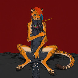 4_toes 5_fingers animal_dildo animal_sex_toy anthro beak bed_sheet bedding black_body black_dildo black_fur blue_eyes blue_hair blush bodily_fluids breasts canine_dildo claws covering covering_crotch crossed_legs cute_fangs digitigrade dildo duo embrace feet female female/female fingering fingers fluffy fur genital_fluids green_sclera hair hands_behind_back holding_dildo holding_object holding_sex_toy hug hugging_from_behind knotted_dildo long_tail looking_at_object looking_down looking_down_at_another looking_down_at_partner neck_tuft nipples nude one_eye_obstructed orange_hair pawpads red_background sex sex_toy side_cut simple_background sitting sitting_on_ground size_difference slim small_breasts smile spots spotted_body spotted_fur text toes tuft vaginal vaginal_fingering veiny_dildo yellow_body yellow_fur oldhroft shadow_(oldhroft) vex_(oldhroft) avian cheetah felid feline mammal velari english_text hi_res