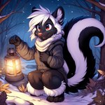 anthro black_body black_fur bottomless clothed clothing crouching female forest fur hair jacket lamp lantern mammal mephitid neutron_alchemist night partially_clothed plant red_eyes scarf skunk smile snow solo topwear tree two_tone_tail white_body white_fur white_hair winter