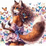 anthro blue_eyes breasts canid canine clothed clothing colorful dall-e_3 director_sunshine female fluffy fluffy_tail fox fully_clothed fur hair mammal side_boob skimpy smile solo