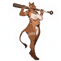 5_fingers anklet areola barefoot barely_visible_genitalia bedroom_eyes big_breasts biped body_hair bodypaint bottomwear bracelet breasts brown_body brown_fur casual_exposure claws clothed clothing club_(weapon) curvy_figure ear_piercing ear_ring feet female fingers fur genitals happy_trail holding_object holding_weapon jewelry loincloth looking_at_viewer markings mature_female melee_weapon narrowed_eyes navel necklace nipple_outline nipples piercing plantigrade pubes pussy ring_piercing seductive simple_background skimpy slightly_chubby smile smirk solo standing tail tail_tuft thick_thighs toes topwear translucent translucent_clothing tribal tribal_markings tuft tusks voluptuous voluptuous_female weapon weapon_on_shoulder white_background wide_hips yellow_eyes unknown_director mammal suid suina sus_(pig) wild_boar absurd_res full-length_portrait hi_res portrait