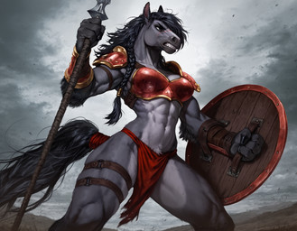 accessory anthro bottomwear breasts clenched_teeth clothing cloud dark_eyes female furgonomic gladiator grey_sky hair legband loincloth melee_weapon messy_hair muscular muscular_arms muscular_thighs navel polearm ponytail prick_ears scar shield solo spear storm_clouds tail_accessory tailband teeth warrior weapon anonymous_director invoke_high equid equine horse mammal hi_res