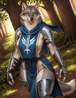 anthro armor black_nose blue_clothing blue_eyes breasts claws clothed clothing day detailed_background female finger_claws fingers forest fur gauntlets gloves grass grey_body grey_fur handwear heterochromia inner_ear_fluff looking_at_viewer multicolored_body multicolored_fur nature nature_background neck_tuft outside pauldron pelvic_curtain plant side_boob smile solo standing tabard tail thick_thighs tree tuft two_tone_body two_tone_fur unconvincing_armor vambrace white_body white_fur yellow_eyes colossal_exhoost_fume canid canine canis mammal wolf hi_res