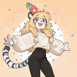 abstract_background ambiguous_gender anthro clothed clothing confetti happy hat headgear headwear party party_hat smile smiling_at_viewer solo spread_arms nonimousmate nat_(nonimousmate) felid mammal pantherine tiger hi_res