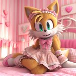 anthro bed bedroom clothed clothing crossdressing dress femboy footwear fur furniture girly gloves green_eyes handwear heart_symbol looking_at_viewer miles_prower orange_body orange_fur pink_clothing pink_dress pink_footwear pink_shoes shoes smile smiling_at_viewer socks solo sonic_the_hedgehog_(series) white_clothing white_footwear white_gloves white_handwear white_socks