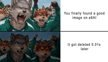 ambiguous_gender anthro arms_above_head blue_background bodily_fluids brown_eyes brown_hair cheering clothing excited fur gray_hair green_clothing grey_body grey_fur hair happy jacket male open_mouth orange_body orange_eyes orange_fur screaming shocked simple_background sweat teeth text tongue topwear tracksuit tuft uniform white_body white_clothing white_fur yelling bedtimes meme_2026 canid canine canis domestic_dog felid feline fox mammal mountain_lion wolf hi_res meme