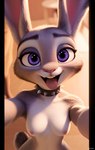 anthro breasts collar collar_only disney ears_up female gesture looking_at_viewer mostly_nude nipples nude reaching_towards_viewer solo spiked_collar spikes suggestive suggestive_gesture tongue tongue_out naviart zootopia judy_hopps lagomorph leporid mammal rabbit hi_res