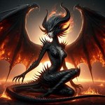 anthro black_body black_hair black_scales breasts claws claws_out cleavage cleavage_cutout clothed clothing demon dragon elemental_manipulation female fire fire_manipulation fyrantha hair horn hybrid loganth red_eyes scales solo spines spread_wings wings