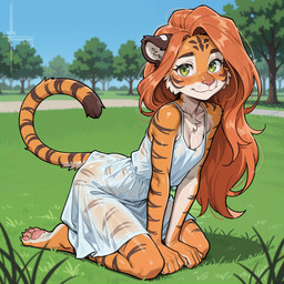 4_toes anthro arched_back arm_support athletic athletic_female big_hair breast_squish breasts claws cleavage clothed clothing curled_tail dress facial_tuft feet female fur glistening grass green_eyes hair happy kneeling looking_at_viewer mouth_closed natural_breasts orange_hair outside park pawpads pink_nose pink_pawpads pivoted_ears plant pose slim smile solo squish striped_body striped_fur stripes sundress tail toes translucent translucent_clothing tree tuft white_claws numeradin felid feline mammal pantherine tiger full-length_portrait hi_res portrait