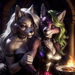 absurd_res anthro armor breasts canid canine canineluvr19 canis chest_tuft choker cleavage clothed clothing duo ear_tuft female fire five_nights_at_freddy's five_nights_at_freddy's:_security_breach food fur green_eyes green_hair hair hand_on_arm helluva_boss hi_res jewelry loona_(helluva_boss) mammal meat necklace plate purple_body purple_fur red_eyes roxanne_wolf_(fnaf) sausage seductive skimpy tuft white_body white_fur white_hair wolf