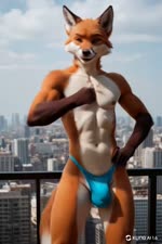 anthro balcony bottomwear bulge city cityscape clothed clothing dancing detailed_bulge hands_on_hips looking_at_viewer male mostly_nude muscular muscular_male outside solo solo_focus standing thong underwear underwear_only carnivalecloudmuncher canid canine fox mammal animated webm