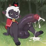 anthro balls bell big_penis black_body bodily_fluids clothing collar fur genital_fluids genitals horn huge_penis hyper hyper_genitalia hyper_penis looking_at_viewer male penis red_eyes solo white_body white_fur twinkaton cult_of_the_lamb lamb_(cult_of_the_lamb) red_crown_(cult_of_the_lamb) bovid caprine mammal sheep