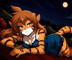 <3 anthro blue_clothing blush breasts brown_body brown_fur brown_hair chest_tuft cleavage clothed clothing countershading dress female flower full_moon fur hair lingerie looking_at_viewer lying markings moon multicolored_body multicolored_fur night on_side orange_body orange_fur outside plant seductive smile solo striped_body striped_fur stripes tom_fischbach tuft underwear webcomic white_body white_fur yellow_eyes anontk twokinds flora_(twokinds) webcomic_character felid keidran mammal pantherine tiger hi_res