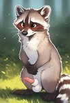 animal_genitalia animal_penis balls black_nose blurred_background blush bodily_fluids brown_body brown_eyes brown_fur chest_tuft claws ears_up embarrassed feral fur fur_mask genital_fluids genitals grass hands_together inner_ear_fluff leaking_precum male markings mouth_closed multicolored_body multicolored_fur nostrills outline penis penis_tip plant precum ring_(marking) ringtail sheath solo standing tail_markings tan_body tan_fur tuft whiskers white_balls white_body white_fur white_outline white_sheath seam_(director) mammal procyonid raccoon hi_res