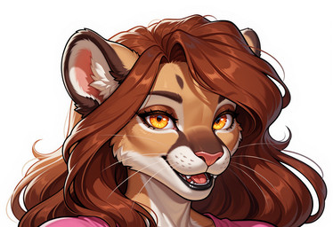 amber_eyes anthro black_lips brown_body brown_fur brown_hair clothed clothing eyebrows eyelashes fangs female fur hair inner_ear_fluff lips long_hair looking_at_viewer open_mouth orange_eyes pink_clothing pink_nose pink_shirt pink_topwear shirt simple_background smile solo tan_body tan_fur teeth tongue topwear tuft whiskers white_background white_body white_fur yellow_eyes crashbandit cougar felid feline mammal bust_portrait comfyui_(software) digital_media_(artwork) headshot_portrait icon nai-diffusion-furry-3_(model) novafurryxl_(model) portrait prompt_metainfo shaded