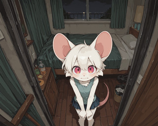 anthro blush clothed clothing female fur high-angle_view looking_at_viewer night red_eyes shy solo standing wavy_mouth white_body anonymous_director mammal mouse murid murine rodent hi_res