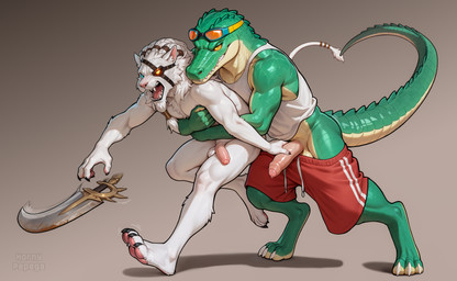 action_pose anthro claws clothing duo embrace eye_patch eyewear fangs foreskin fur genitals hug male male/male male_focus muscular open_mouth penis penis_grab pose shirt simple_background swimming_trunks swimwear tank_top topwear white_body white_fur horny_pepega league_of_legends renekton_(league_of_legends) rengar_(league_of_legends) crocodilian felid feline mammal reptile scalie absurd_res digital_drawing_(artwork) digital_media_(artwork) hi_res shaded
