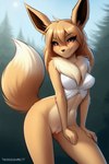 anthro bottomless breasts brown_body brown_eyes clothed clothing eevee female generation_1_pokemon genitals looking_at_viewer pokemon_(species) pokemorph pussy solo