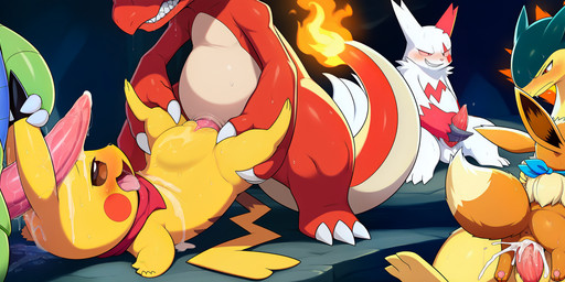 animal_genitalia animal_penis ascot balls bodily_fluids cave cavern clenched_teeth clothing cum cum_in_pussy cum_inside cum_on_belly cum_on_body cum_on_head female feral genital_fluids genitals group group_sex lying_on_another lying_on_back lying_on_ground male male/female masturbation penetration penis sex spread_legs spreading tapering_penis teeth vaginal vaginal_penetration stressedout nintendo pokemon charmeleon eevee generation_1_pokemon generation_2_pokemon generation_3_pokemon pikachu pokemon_(species) typhlosion tyranitar zangoose hi_res