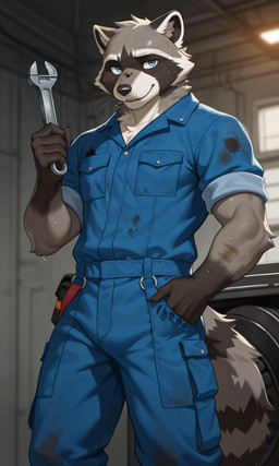 athletic blue_clothing blue_eyes bodily_fluids clothing dark_grey_fur dim_lighting fur gloves_(marking) hand_in_pocket jumpsuit looking_at_viewer male markings mechanic multicolored_body multicolored_fur muscular neck_tuft pockets ring_(marking) ringtail short_sleeves smile solo stained_clothing sweat tail_markings tire tools tuft two_tone_body two_tone_fur window workbench workshop wrench ducksiri seth_moran_(ducksiri) mammal procyonid raccoon hi_res