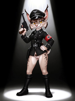anthro black_clothing boots bottomless brown_hair brown_pubes cheek_tuft clothed clothing cosplay cute_fangs ear_tuft facial_tuft female footwear genitals golden_eyes gun hair half-closed_eyes hand_on_hip handgun hat headgear headwear holding_gun holding_handgun holding_object holding_pistol holding_weapon inner_ear_fluff innie_pussy knee_boots knee_highs legwear looking_at_viewer military_uniform narrowed_eyes pinup pistol pose pubes pupils pussy ranged_weapon short_hair short_tail simple_background slit_pupils smug_face solo spotlight standing tuft uniform weapon whiskers wide_stance nightdancer u18chan zaire felid feline lynx mammal hi_res