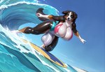 anthro balls big_breasts breasts bulge clothing fluffy fluffy_tail genitals gynomorph intersex neck_tuft penis solo standing surfboard surfing swimming_trunks swimsuit_bikini swimwear translucent translucent_clothing tuft wet wet_clothing matt3985_(director) phazon canid canine canis domestic_dog mammal hi_res