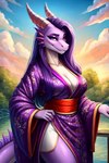 anthro asian_clothing breasts butchcinder clothing dragon east_asian_clothing female hair horn japanese_clothing kimono looking_at_viewer non-mammal_breasts purple_body purple_hair purple_scales scales scalie solo