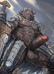 abs anthro armor balls belt biceps big_balls big_penis biped blush cape clothing erection facial_scar fangs foreskin fur genitals glans gloves grey_body grey_fur handwear holding_object holding_sword holding_weapon humanoid_genitalia humanoid_penis looking_at_viewer looking_down low-angle_view male melee_weapon multicolored_penis muscular muscular_anthro muscular_male navel nipples pecs penis pubes retracted_foreskin scar scars_all_over solo sword teeth thick_penis tuft two_tone_penis unconvincing_armor vein veiny_penis weapon anonymous_director blaidd_(elden_ring) canid canine canis mammal wolf hi_res