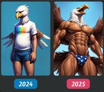 abs anthro athletic athletic_anthro athletic_male beak biceps big_muscles bottomwear brown_body clothing feathers growth lgbt_pride male muscle_growth muscular muscular_anthro muscular_male pecs shirt shorts solo t-shirt tail_feathers topwear transformation triceps underwear united_states_of_america vein veiny_biceps veiny_muscles wings birdovo american_eagle accipitrid accipitriform avian bald_eagle bird eagle sea_eagle hi_res