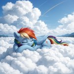 asleep blue_body blue_sky cloud cloudscape cutie_mark equid equine eyes_closed female feral folded_wings friendship_is_magic hair hasbro hi_res mammal mountains multicolored_hair multicolored_tail my_little_pony pegasus plant rainbow_dash_(mlp) sky sleeping solo tree tyto4tme4l white_cloud wings