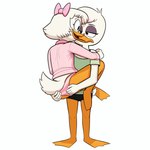 anatid anseriform anthro avian beak bird bottomwear bow_(feature) bra carrying_partner clothed clothing cloud9999 disney dress_shirt duck ducktales ducktales_(2017) duo embrace eyebrows eyeliner eyeshadow female female/female frown green_clothing hair half-closed_eyes hand_on_butt hand_on_shoulder hi_res highlights_(coloring) hotpants lena_(ducktales) long_sleeves looking_at_another looking_at_partner makeup membrane_(anatomy) narrowed_eyes off_shoulder open_mouth open_smile orange_legs panties pink_clothing purple_eyeshadow raised_eyebrows rear_view scut_tail shirt short_hair short_tail shorts simple_background smile tired tongue topwear underwear webbed_feet webby_vanderquack white_background white_body white_hair white_skin wide_eyed young