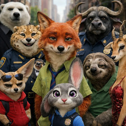 anthro city city_background clothed clothing dress female fur green_clothing green_shirt green_topwear group hoodie looking_at_viewer male muscular muscular_male police_uniform red_clothing red_dress red_hoodie red_topwear shirt size_difference smile topwear uniform rbxgamer238 disney zootopia benjamin_clawhauser chief_bogo finnick_(zootopia) flash_slothmore gazelle_(zootopia) judy_hopps mr._big_(zootopia) nick_wilde officer_anderson_(zootopia) antelope arctic_shrew bovid bovine canid canine cape_buffalo cheetah eulipotyphlan felid feline fennec fox gazelle lagomorph leporid mammal pilosan polar_bear rabbit shrew sloth three-toed_sloth ursid ursine xenarthran
