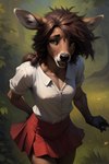 anthro bottomwear brown_hair cervid clothing female ferox forest forest_background hair hi_res inner_ear_fluff looking_at_viewer mammal nature nature_background nipple_outline plant red_bottomwear red_clothing sadie skirt slim smile solo tight_clothing tight_topwear topwear tree tuft white_clothing white_topwear