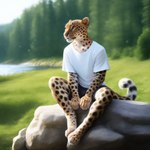 4_toes 5_fingers anthro bokeh bottomwear clothing day depth_of_field dramatic_lighting feet fingers forest male orange_eyes outside pawpads pink_nose pink_pawpads plant river rock shirt shorts sitting solo t-shirt toes topwear tree whiskers drla felid leopard mammal pantherine hi_res portrait