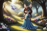 aisha anthro brown_hair cervid clothing cub dress female flower forest hair hi_res mammal nature nature_background plant smile solo teal_eyes tree venison venisoncreampie young