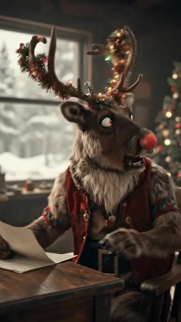 age_difference anthro antlers background_music beard belt brown_body brown_fur chair christmas christmas_clothing christmas_headwear christmas_lights christmas_ornament christmas_theme christmas_tree clothing desk dialogue disgust dramatic duo expressive eye_roll facial_hair fur furniture gesture gloves glowing glowing_nose handwear hat headgear headwear hooved_hands horn inner_ear_fluff jacket letter male male/male neck_tuft north_pole nose older_male overacting parody pen plant pointing red_nose santa_hat sharp_teeth silly snout snow sound_effects speech_bubble table teeth teeth_showing tinsel topwear tree tuft white_beard white_eyes wide_eyed winter workshop irbyz rudolph_the_red-nosed_reindeer santa_claus capreoline cervid human mammal reindeer animated hi_res long_playtime music sound webm