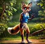 anthro belly blue_eyes blue_tank-top breasts canid canine clothing female forest fox fur genitals gesture leaf mammal methuzalach plant pussy raining red_body solo tank-top tongue tongue_out tree waving wet wet_body wet_clothing wet_fur yellow_belly